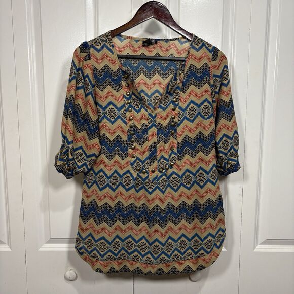 Angie Boho Top Womens L Chevron Peasant Blouse Button Detail Festival Y2K - Picture 1 of 11